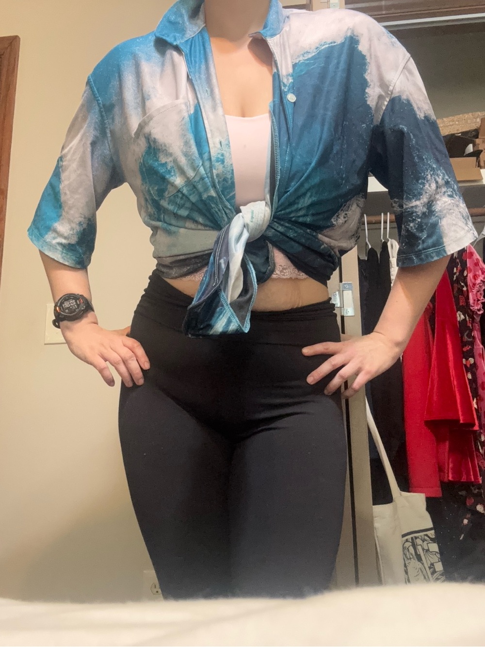 Dolls Kill Blue and White Tie-Front Cropped Button Shirt